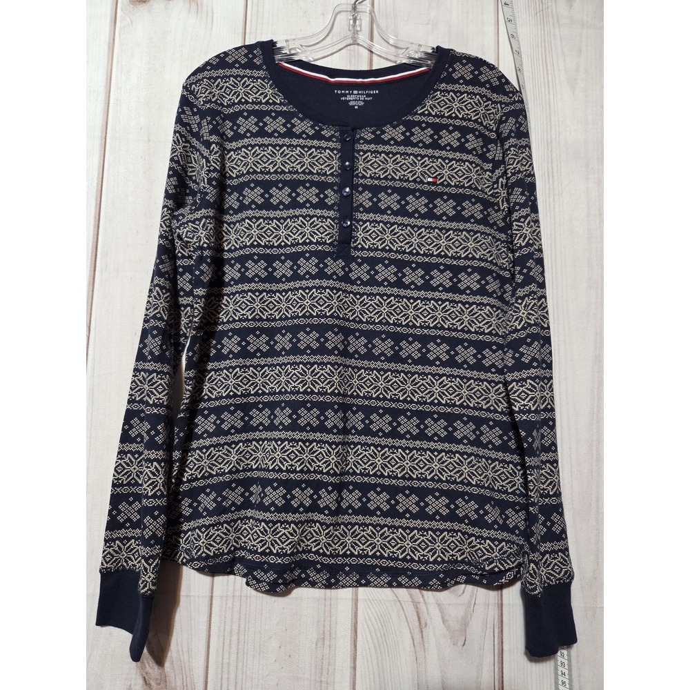 Tommy Hilfiger Shirt Womens Medium Blue Fair Isle Sleepwear Henley Pajama Top